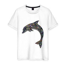 Мужская футболка хлопок с принтом Дельфин в Кировске, 100% хлопок | прямой крой, круглый вырез горловины, длина до линии бедер, слегка спущенное плечо. | дельфин | животное