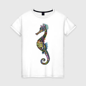 Женская футболка хлопок с принтом Морской конек в Кировске, 100% хлопок | прямой крой, круглый вырез горловины, длина до линии бедер, слегка спущенное плечо | животное | конек | лето | море | океан | рыба