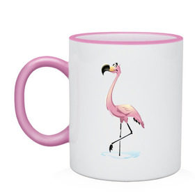 Кружка двухцветная с принтом Фламинго в Кировске, керамика | объем — 330 мл, диаметр — 80 мм. Цветная ручка и кайма сверху, в некоторых цветах — вся внутренняя часть | птица | фламинго | цапля