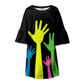 Детское платье 3D с принтом Руки вверх! в Кировске, 100% полиэстер | прямой силуэт, чуть расширенный к низу. Круглая горловина, на рукавах — воланы | Тематика изображения на принте: светящиеся | флуоресцентный | флюр | флюровый