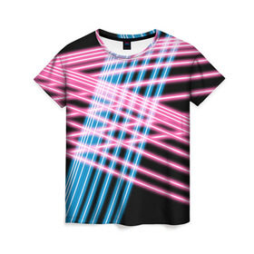 Женская футболка 3D с принтом Неон в Кировске, 100% полиэфир ( синтетическое хлопкоподобное полотно) | прямой крой, круглый вырез горловины, длина до линии бедер | линии | полосы | светящиеся | флуоресцентный | флюр | флюровый