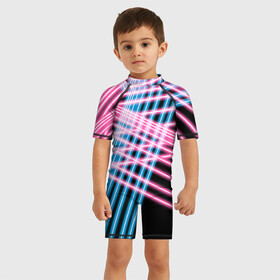 Детский купальный костюм 3D с принтом Неон в Кировске, Полиэстер 85%, Спандекс 15% | застежка на молнии на спине | линии | полосы | светящиеся | флуоресцентный | флюр | флюровый