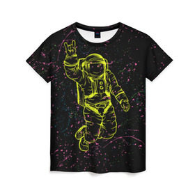 Женская футболка 3D с принтом Космический рок в Кировске, 100% полиэфир ( синтетическое хлопкоподобное полотно) | прямой крой, круглый вырез горловины, длина до линии бедер | космонавт | светящиеся | скафандр | флуоресцентный | флюр | флюровый