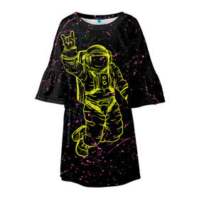 Детское платье 3D с принтом Космический рок в Кировске, 100% полиэстер | прямой силуэт, чуть расширенный к низу. Круглая горловина, на рукавах — воланы | космонавт | светящиеся | скафандр | флуоресцентный | флюр | флюровый