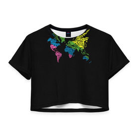 Женская футболка 3D укороченная с принтом Весь мир - Россия в Кировске, 100% полиэстер | круглая горловина, длина футболки до линии талии, рукава с отворотами | карта мира | светящиеся | флуоресцентный | флюр | флюровый