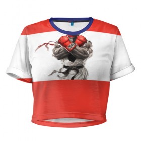 Женская футболка 3D укороченная с принтом Street Fighter в Кировске, 100% полиэстер | круглая горловина, длина футболки до линии талии, рукава с отворотами | 