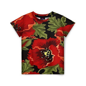 Детская футболка 3D с принтом Цветение мака в Кировске, 100% гипоаллергенный полиэфир | прямой крой, круглый вырез горловины, длина до линии бедер, чуть спущенное плечо, ткань немного тянется | flower | красные | полевой цветок | природа | розы | текстуры | цветочки | цветы