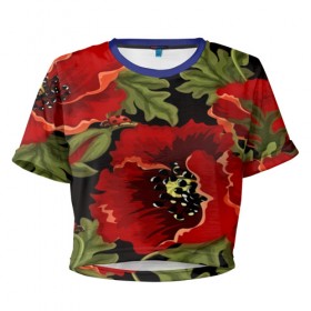 Женская футболка 3D укороченная с принтом Цветение мака в Кировске, 100% полиэстер | круглая горловина, длина футболки до линии талии, рукава с отворотами | flower | красные | полевой цветок | природа | розы | текстуры | цветочки | цветы