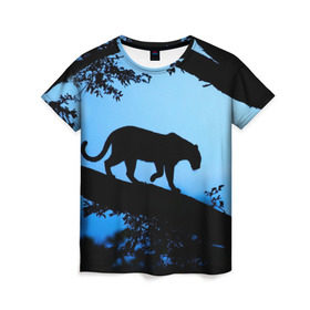 Женская футболка 3D с принтом Чёрная пантера в Кировске, 100% полиэфир ( синтетическое хлопкоподобное полотно) | прямой крой, круглый вырез горловины, длина до линии бедер | африка | вечер | дерево | дикая кошка | закат | леопард | сафари | ягуар