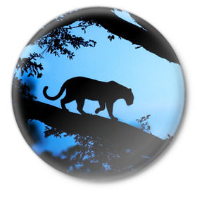 Значок с принтом Чёрная пантера в Кировске,  металл | круглая форма, металлическая застежка в виде булавки | Тематика изображения на принте: африка | вечер | дерево | дикая кошка | закат | леопард | сафари | ягуар