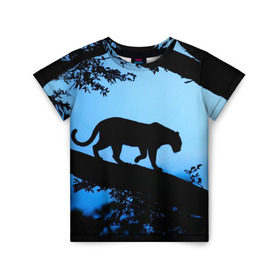Детская футболка 3D с принтом Чёрная пантера в Кировске, 100% гипоаллергенный полиэфир | прямой крой, круглый вырез горловины, длина до линии бедер, чуть спущенное плечо, ткань немного тянется | африка | вечер | дерево | дикая кошка | закат | леопард | сафари | ягуар