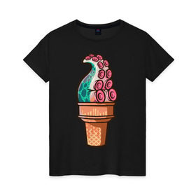 Женская футболка хлопок с принтом Мороженое в Кировске, 100% хлопок | прямой крой, круглый вырез горловины, длина до линии бедер, слегка спущенное плечо | мороженое | осьминог | присоски | тентакли | щупальца