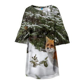 Детское платье 3D с принтом Лиса в зимнем лесу в Кировске, 100% полиэстер | прямой силуэт, чуть расширенный к низу. Круглая горловина, на рукавах — воланы | fox | животное | зверь | красивая | лес | лис | лиса | лисенок | лисица | лисичка | мех | патрикеевна | песец | плутовка | прикольная | природа | рыжая | рыжий цвет | сказка | хвост | хитрая | хищник