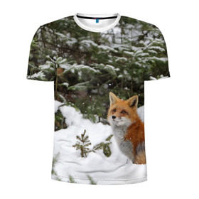 Мужская футболка 3D спортивная с принтом Лиса в зимнем лесу в Кировске, 100% полиэстер с улучшенными характеристиками | приталенный силуэт, круглая горловина, широкие плечи, сужается к линии бедра | fox | животное | зверь | красивая | лес | лис | лиса | лисенок | лисица | лисичка | мех | патрикеевна | песец | плутовка | прикольная | природа | рыжая | рыжий цвет | сказка | хвост | хитрая | хищник