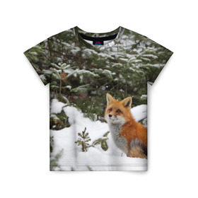 Детская футболка 3D с принтом Лиса в зимнем лесу в Кировске, 100% гипоаллергенный полиэфир | прямой крой, круглый вырез горловины, длина до линии бедер, чуть спущенное плечо, ткань немного тянется | fox | животное | зверь | красивая | лес | лис | лиса | лисенок | лисица | лисичка | мех | патрикеевна | песец | плутовка | прикольная | природа | рыжая | рыжий цвет | сказка | хвост | хитрая | хищник
