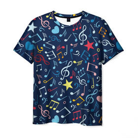 Мужская футболка 3D с принтом Ноты в Кировске, 100% полиэфир | прямой крой, круглый вырез горловины, длина до линии бедер | звездочки | ноты | сердечки