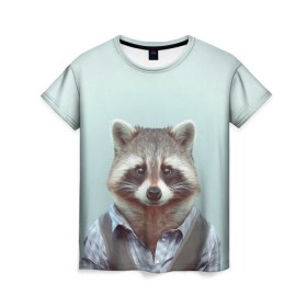 Женская футболка 3D с принтом Хипстер Енот в Кировске, 100% полиэфир ( синтетическое хлопкоподобное полотно) | прямой крой, круглый вырез горловины, длина до линии бедер | raccoon | енот