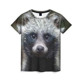 Женская футболка 3D с принтом Енотик в Кировске, 100% полиэфир ( синтетическое хлопкоподобное полотно) | прямой крой, круглый вырез горловины, длина до линии бедер | raccoon | енот