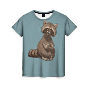 Женская футболка 3D с принтом Raccoon в Кировске, 100% полиэфир ( синтетическое хлопкоподобное полотно) | прямой крой, круглый вырез горловины, длина до линии бедер | raccoon | енот