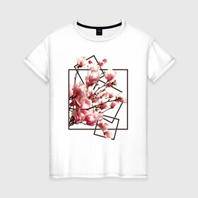 Женская футболка хлопок с принтом Магнолия в Кировске, 100% хлопок | прямой крой, круглый вырез горловины, длина до линии бедер, слегка спущенное плечо | весна | геометрия | деревья | квадраты | цветение | цветы
