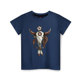 Детская футболка хлопок с принтом Тотем в Кировске, 100% хлопок | круглый вырез горловины, полуприлегающий силуэт, длина до линии бедер | Тематика изображения на принте: бубен | индеец | перья | тотем | череп | череп быка | шаман
