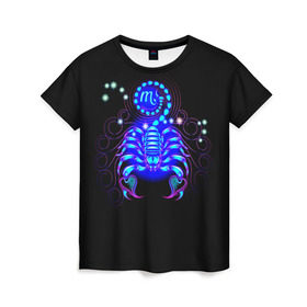 Женская футболка 3D с принтом Скорпион в Кировске, 100% полиэфир ( синтетическое хлопкоподобное полотно) | прямой крой, круглый вырез горловины, длина до линии бедер | scorpius | арт | астрономия | другие | звезды | знак зодиака | космос | неоновые | прикольные | скорпион | яркие