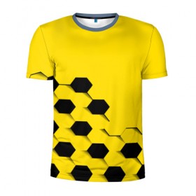 Мужская футболка 3D спортивная с принтом Футбольные текстуры в Кировске, 100% полиэстер с улучшенными характеристиками | приталенный силуэт, круглая горловина, широкие плечи, сужается к линии бедра | желтый | соты