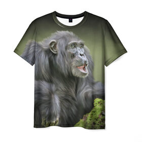 Мужская футболка 3D с принтом Шимпанзе в Кировске, 100% полиэфир | прямой крой, круглый вырез горловины, длина до линии бедер | Тематика изображения на принте: животные | обезьяна 