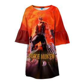 Детское платье 3D с принтом Duke Nukem в Кировске, 100% полиэстер | прямой силуэт, чуть расширенный к низу. Круглая горловина, на рукавах — воланы | брутальный | взрыв | дюк нюмем | мужик | огонь | радиация | ядерный