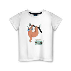 Детская футболка хлопок с принтом Ленивец слушает музыку в Кировске, 100% хлопок | круглый вырез горловины, полуприлегающий силуэт, длина до линии бедер | Тематика изображения на принте: арт | ленивец | лень | музыка | прикольные