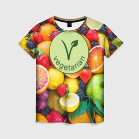 Женская футболка 3D с принтом Vegetarian в Кировске, 100% полиэфир ( синтетическое хлопкоподобное полотно) | прямой крой, круглый вырез горловины, длина до линии бедер | fruits | vegan | vegetables | vegetarian | веган | вегетарианство | еда | овощи | фрукты