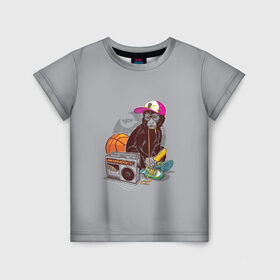 Детская футболка 3D с принтом monkey music в Кировске, 100% гипоаллергенный полиэфир | прямой крой, круглый вырез горловины, длина до линии бедер, чуть спущенное плечо, ткань немного тянется | monkey | банан | баскетбол | магнитофон | музыка | мяч | обезьяна | хипстер