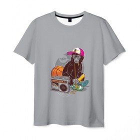 Мужская футболка 3D с принтом monkey music в Кировске, 100% полиэфир | прямой крой, круглый вырез горловины, длина до линии бедер | monkey | банан | баскетбол | магнитофон | музыка | мяч | обезьяна | хипстер