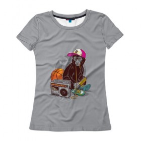 Женская футболка 3D с принтом monkey music в Кировске, 100% полиэфир ( синтетическое хлопкоподобное полотно) | прямой крой, круглый вырез горловины, длина до линии бедер | monkey | банан | баскетбол | магнитофон | музыка | мяч | обезьяна | хипстер
