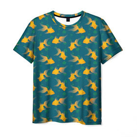 Мужская футболка 3D с принтом Золотые рыбки в Кировске, 100% полиэфир | прямой крой, круглый вырез горловины, длина до линии бедер | вода | водоросли | море | подводный мир | рыба | сказка