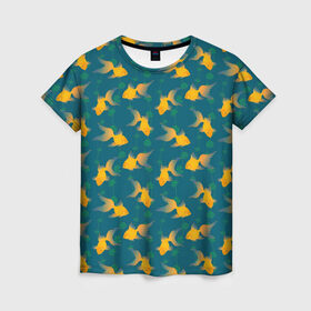 Женская футболка 3D с принтом Золотые рыбки в Кировске, 100% полиэфир ( синтетическое хлопкоподобное полотно) | прямой крой, круглый вырез горловины, длина до линии бедер | Тематика изображения на принте: вода | водоросли | море | подводный мир | рыба | сказка