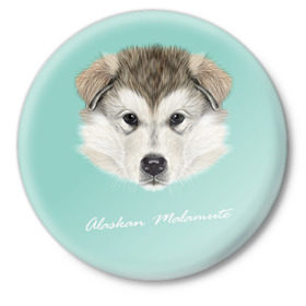 Значок с принтом Alaskan Malamute в Кировске,  металл | круглая форма, металлическая застежка в виде булавки | Тематика изображения на принте: alaskan malamute | dog | puppy | маламут | собака | хаски | щенок