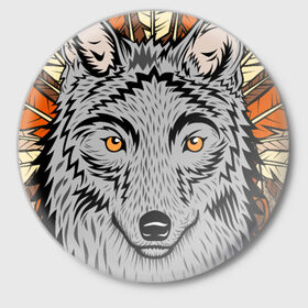 Значок с принтом Волк индеец в Кировске,  металл | круглая форма, металлическая застежка в виде булавки | арт | волк | волкодав | животные | индейцы | перья | собака