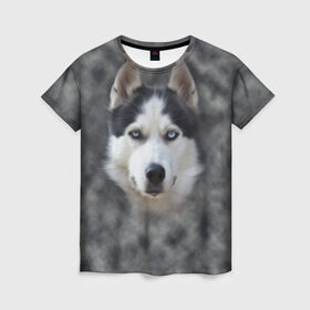Женская футболка 3D с принтом Хаска в Кировске, 100% полиэфир ( синтетическое хлопкоподобное полотно) | прямой крой, круглый вырез горловины, длина до линии бедер | мордочка | пес | собака | хаска | щенок