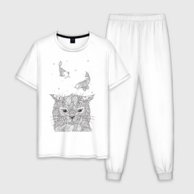 Мужская пижама хлопок с принтом Мечтатель в Кировске, 100% хлопок | брюки и футболка прямого кроя, без карманов, на брюках мягкая резинка на поясе и по низу штанин
 | воздушный | дзенарт | кот | мечта | принт | раскраска | рыба | рыбки | черно белый