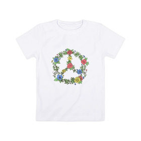 Детская футболка хлопок с принтом peace flowers в Кировске, 100% хлопок | круглый вырез горловины, полуприлегающий силуэт, длина до линии бедер | flowers | peace | мир | цветы