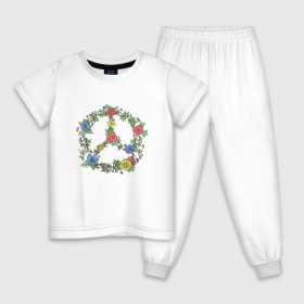Детская пижама хлопок с принтом peace flowers в Кировске, 100% хлопок |  брюки и футболка прямого кроя, без карманов, на брюках мягкая резинка на поясе и по низу штанин
 | Тематика изображения на принте: flowers | peace | мир | цветы