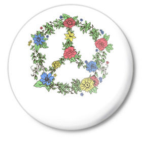 Значок с принтом peace flowers в Кировске,  металл | круглая форма, металлическая застежка в виде булавки | flowers | peace | мир | цветы