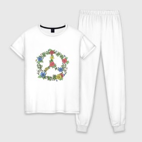 Женская пижама хлопок с принтом peace flowers в Кировске, 100% хлопок | брюки и футболка прямого кроя, без карманов, на брюках мягкая резинка на поясе и по низу штанин | flowers | peace | мир | цветы