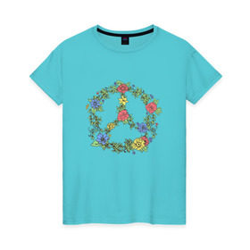 Женская футболка хлопок с принтом peace flowers в Кировске, 100% хлопок | прямой крой, круглый вырез горловины, длина до линии бедер, слегка спущенное плечо | flowers | peace | мир | цветы
