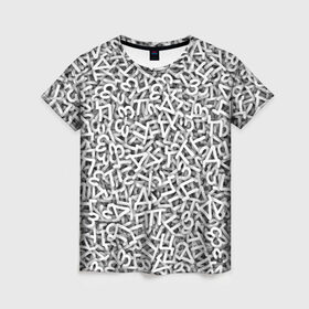 Женская футболка 3D с принтом Узор из букв в Кировске, 100% полиэфир ( синтетическое хлопкоподобное полотно) | прямой крой, круглый вырез горловины, длина до линии бедер | алфавит | белый | буквы | паттерн | текстура