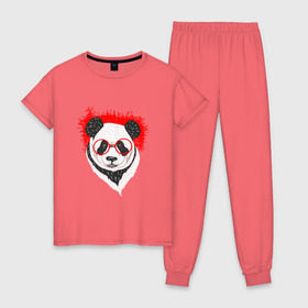 Женская пижама хлопок с принтом Умная панда в Кировске, 100% хлопок | брюки и футболка прямого кроя, без карманов, на брюках мягкая резинка на поясе и по низу штанин | абстрактная | каракули | милая | очкарик | очки | панда | ручная графика | умный