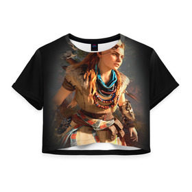 Женская футболка 3D укороченная с принтом HZD 2 в Кировске, 100% полиэстер | круглая горловина, длина футболки до линии талии, рукава с отворотами | dawn | horizon | zero | роботы