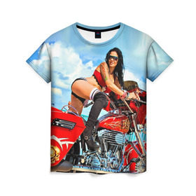 Женская футболка 3D с принтом Девушка на мотоцикле в Кировске, 100% полиэфир ( синтетическое хлопкоподобное полотно) | прямой крой, круглый вырез горловины, длина до линии бедер | байкер