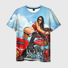 Мужская футболка 3D с принтом Девушка на мотоцикле в Кировске, 100% полиэфир | прямой крой, круглый вырез горловины, длина до линии бедер | Тематика изображения на принте: байкер